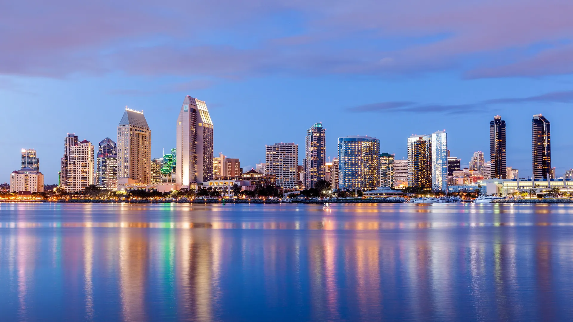 San Diego skyline at dusk, seen from Coronado
